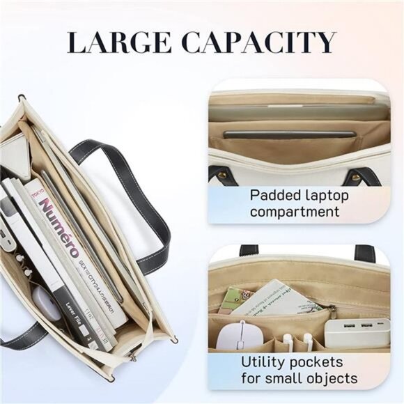 Laptop Tote Bag Canvas Laptop Bag 15.6 inch Work Shoulder Bags Casual Briefcase - Picture 2 of 6